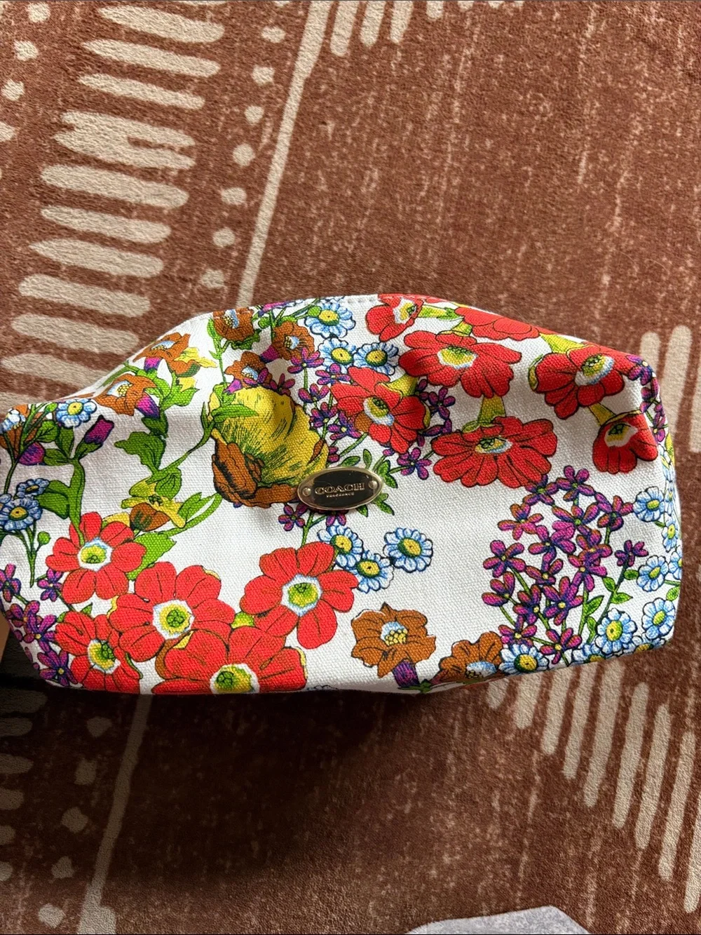 Coach Floral Canvas Cosmetic Pouch in White with Red, Purple & Yellow Blooms